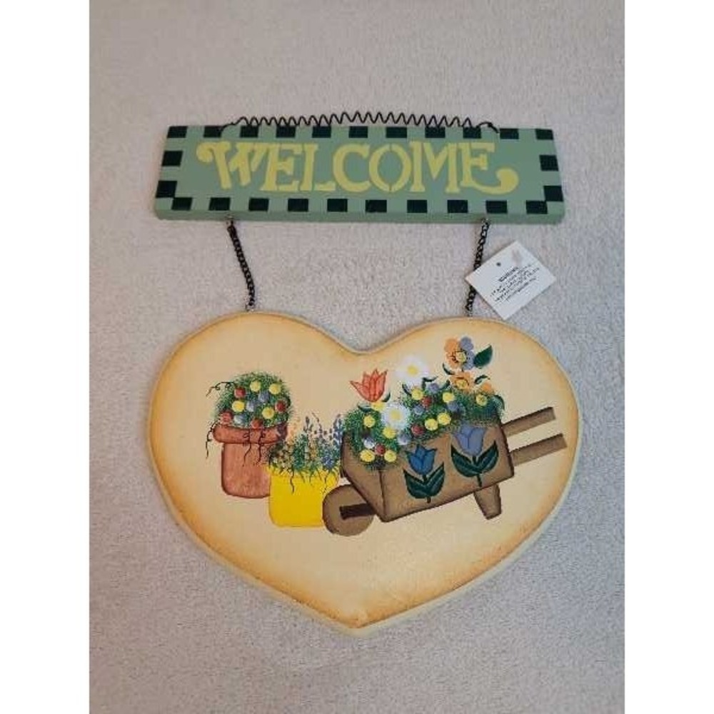 Heart Welcome Sign Floral Wheelbarrow Garden Decor Hanging Wall Art